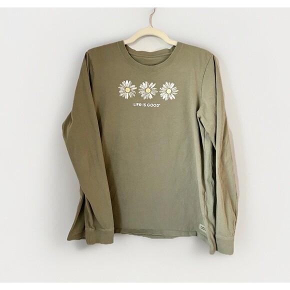 Life is Good. Women's Three Daisies Long Sleeve Crusher Tee Moss Green Large EUC - Picture 2 of 6